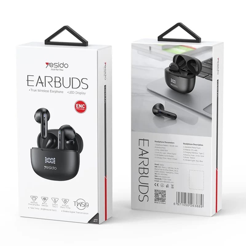 Yesido TWS19 ENC Noise Cancelling Semi In-Ear Wireless Earbuds - Black - Image 5