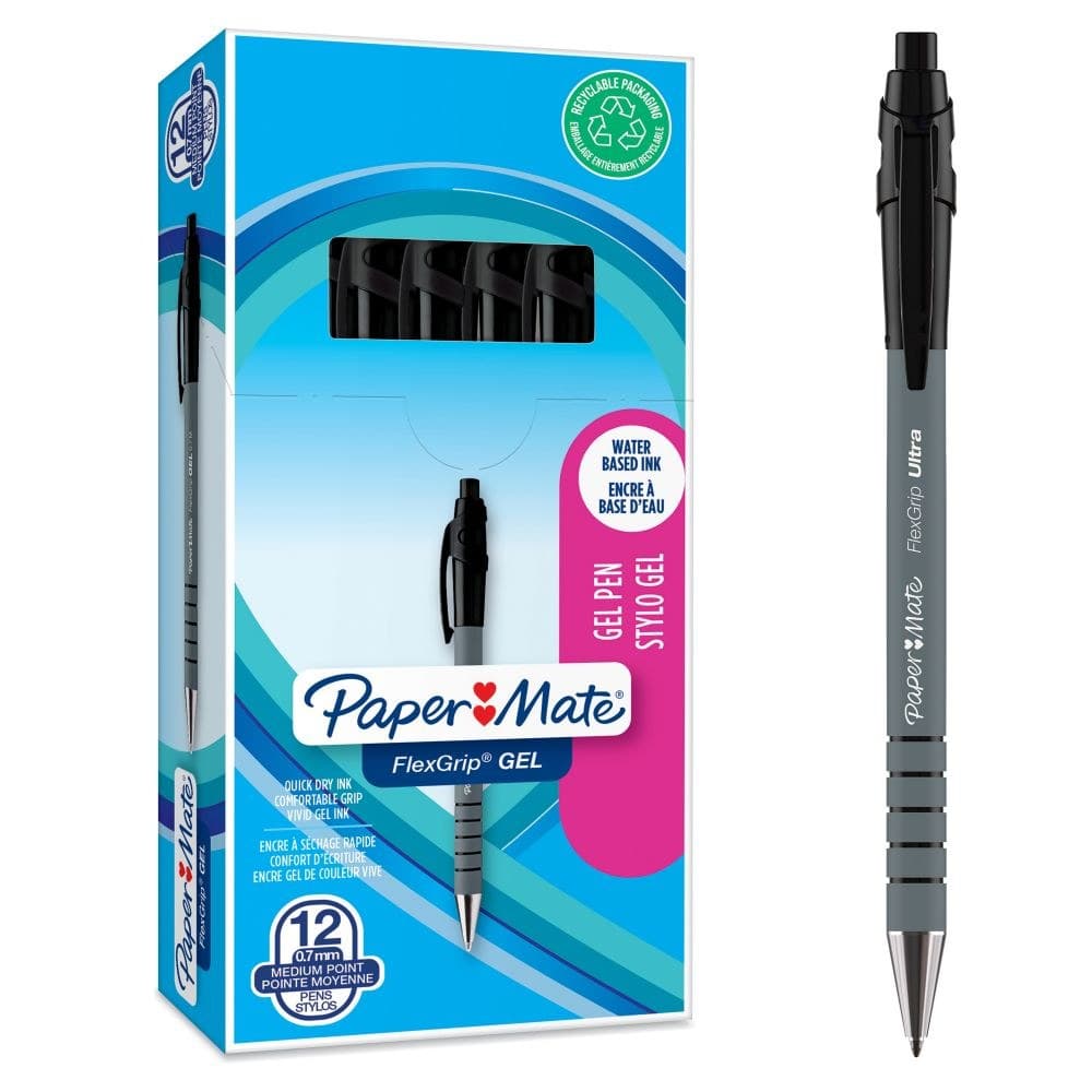 Paper Mate FlexGrip Retractable Gel Pens Medium 0.7mm Pack of 12 - Black - Image 1