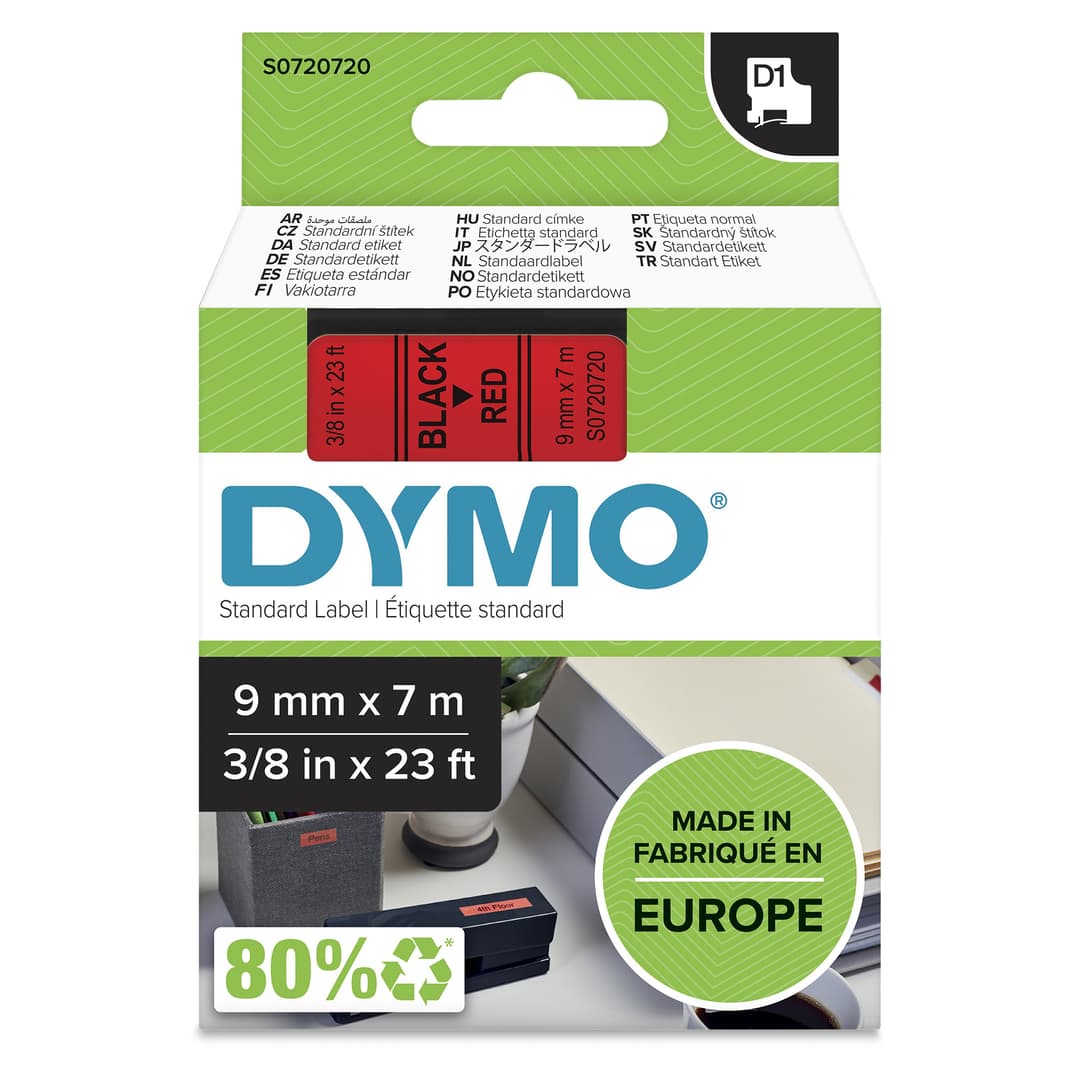 DYMO Authentic D1 Standard Label Tape 9mm x 7m - Black on Red - Image 1