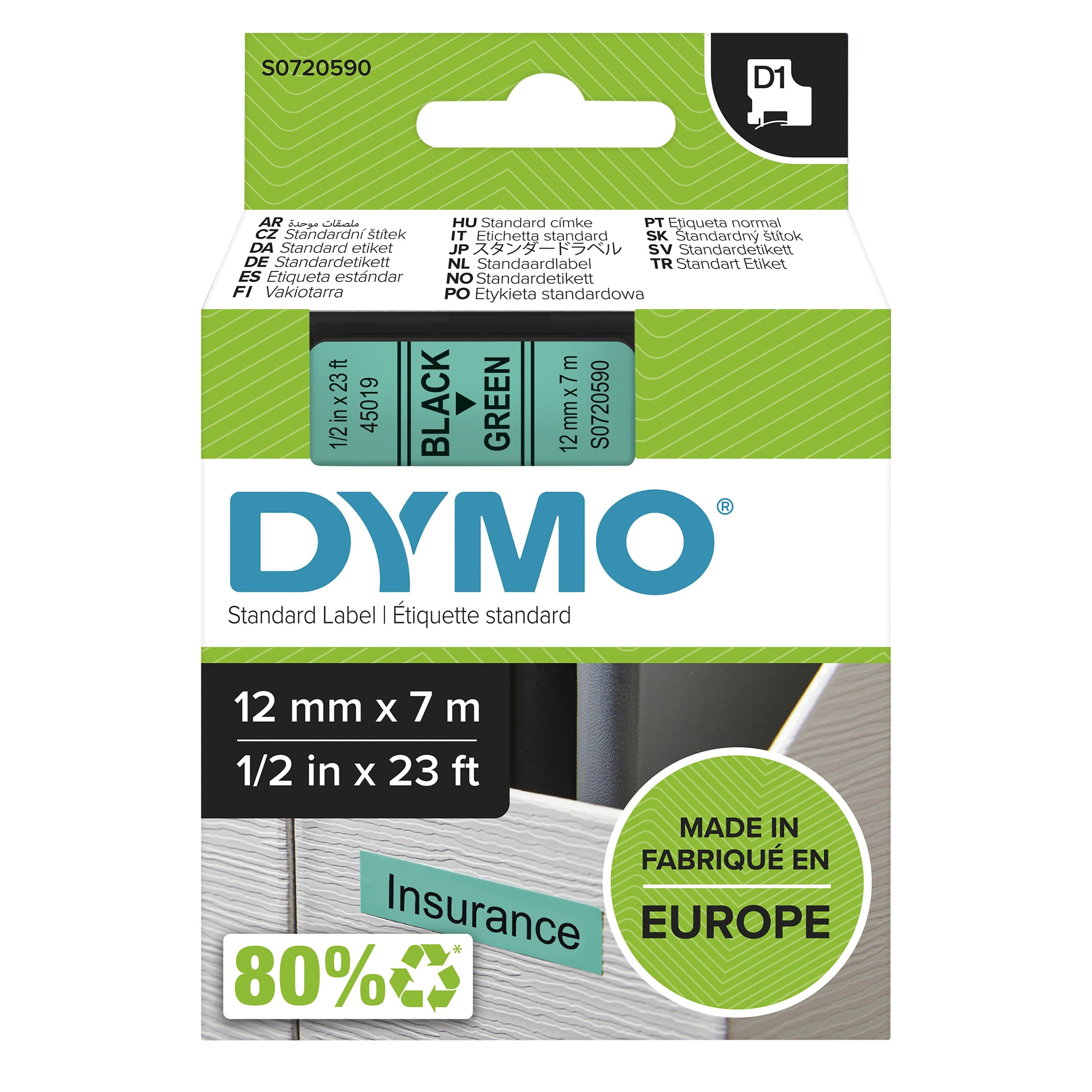 DYMO D1 Label Tape 12mm x 7m - Black on Green
