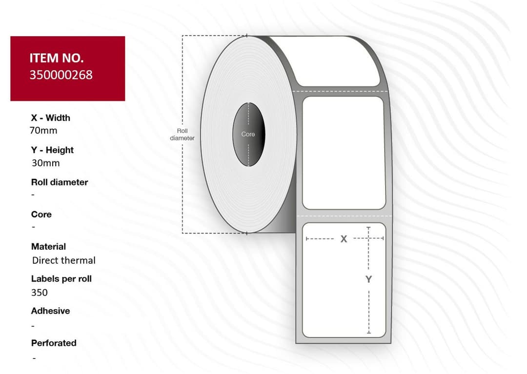 Capture 70 x 30mm White Labels, 25mm Core - 4 Rolls x 1000 - Image 1