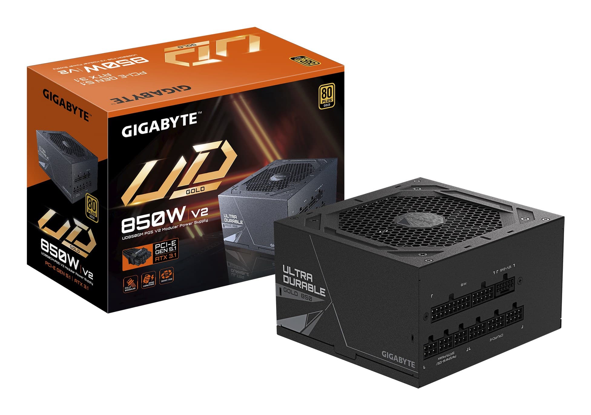 GIGABYTE UD850GM PG5 V2 Power Supply Unit- PCIe Gen 5.1, 80 PLUS Gold, Fully Modular Design, 120mm Fan, ATX 3.1 compatible, UK Plug