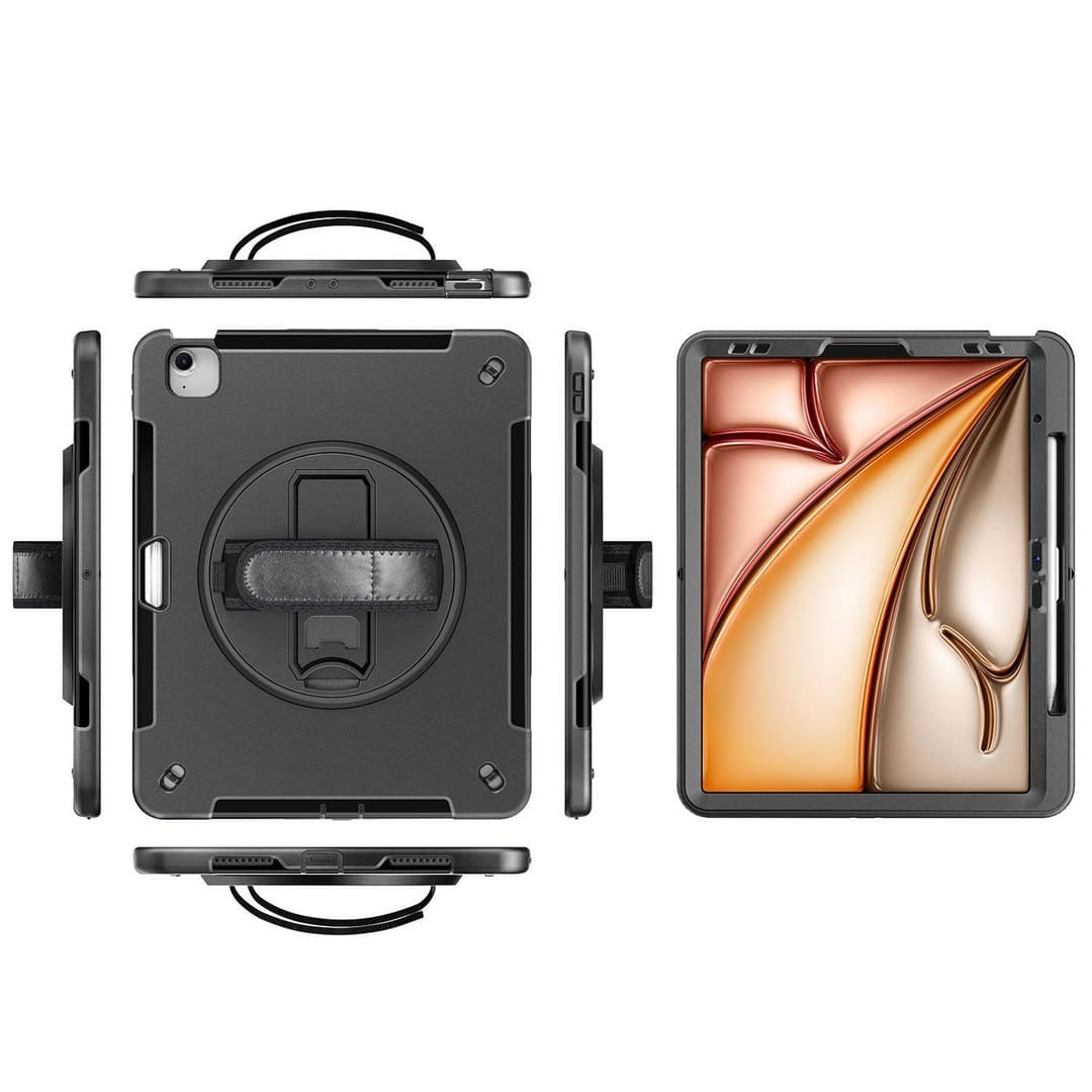 eSTUFF iPad Air 13 2026/2025/2024 / iPad Pro 12.9 2022-2018 OHIO Defender Case with Hand Strap and Shoulder Strap - Black - Image 1