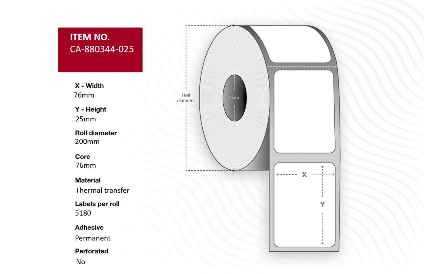 Capture Label 76 x 25mm, Core 76mm, Thermal Transfer, Polyester, Permanent, No Perforation, 5180 Labels per Roll, 6 Rolls per Box (CA-880344-025)