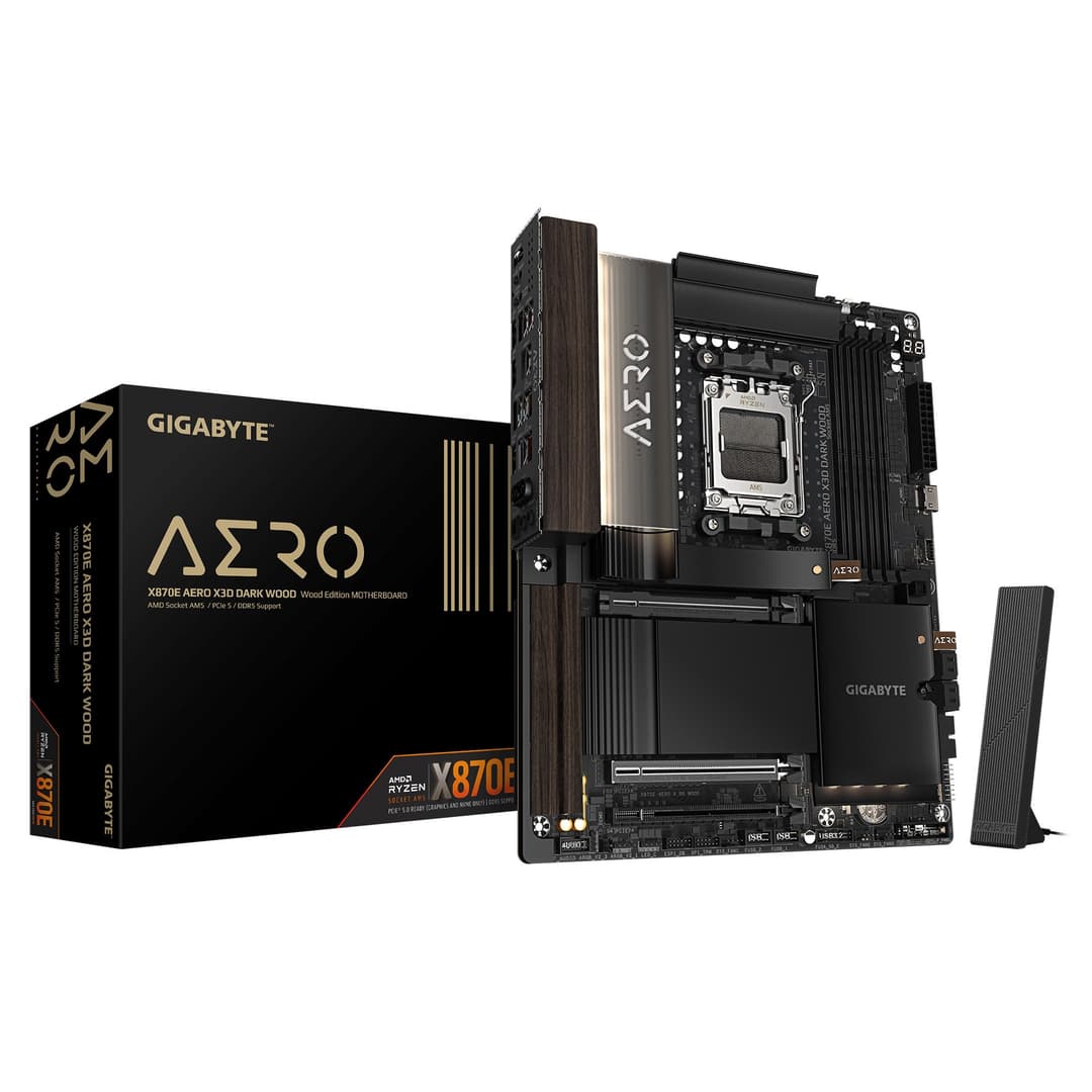 GIGABYTE X870E AERO X3D DARK WOOD Motherboard - Supports AMD Ryzen 9000 CPUs, 16+2+2 Phases Digital VRM, up to 9000Hz DDR5 (OC), 2xPCIe 5.0 + 2xPCIe 4.0, Wi-Fi 7, 5GbE LAN, USB 4 - Image 1