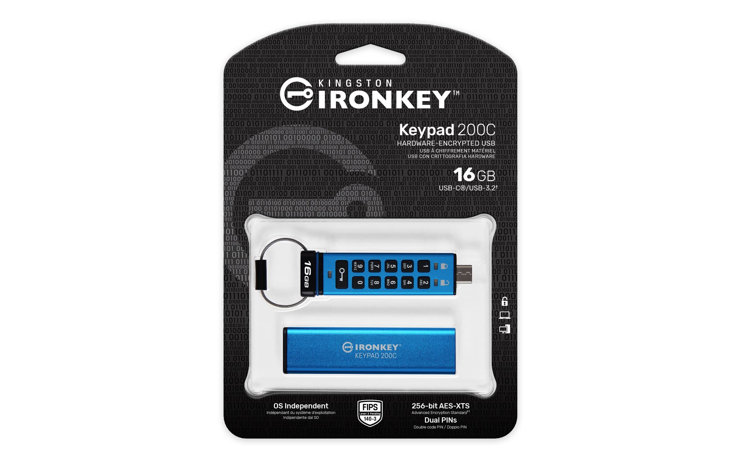 Kingston IronKey Keypad 200C 16GB USB-C Hardware-Encrypted Flash Drive, FIPS 140-3 Level 3 (IKKP200C/16GB)