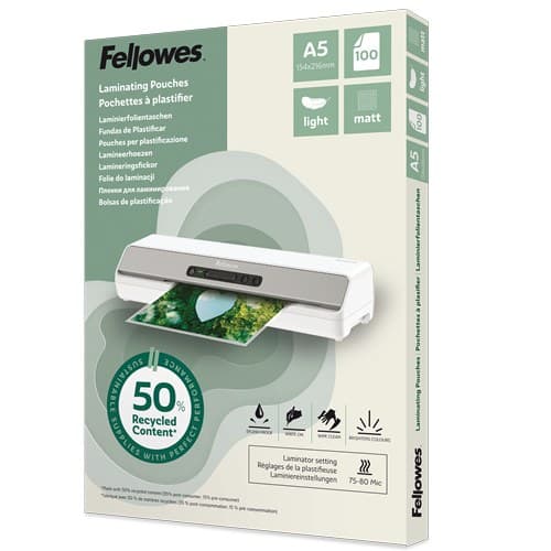 Fellowes Recycled Laminating Pouches 80 Micron (Pack of 100) - A5 Matt