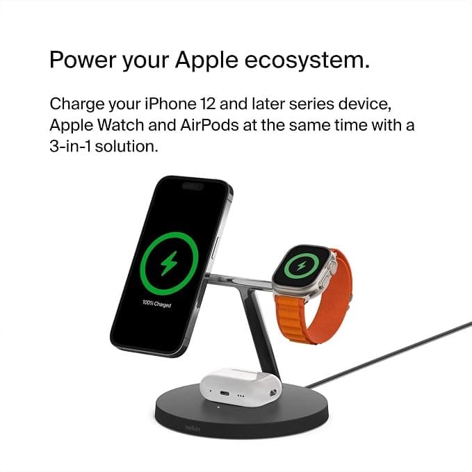 Belkin BoostCharge Pro 3-in-1 Wireless Charging Stand with MagSafe 15W Black - Image 3