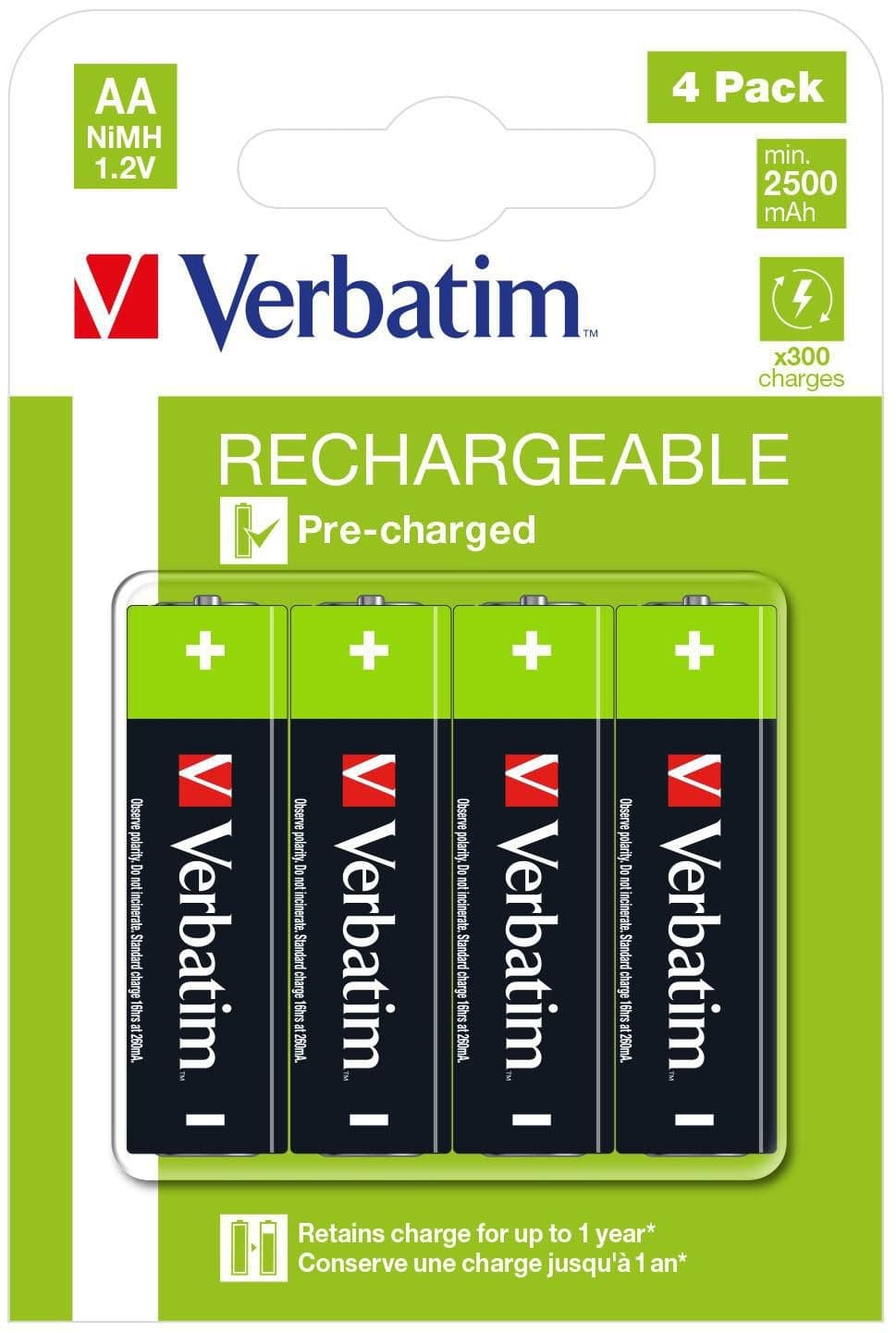 Verbatim Premium Rechargeable AA NiMH Batteries 2500mAh 1.2V - 4 Pack
