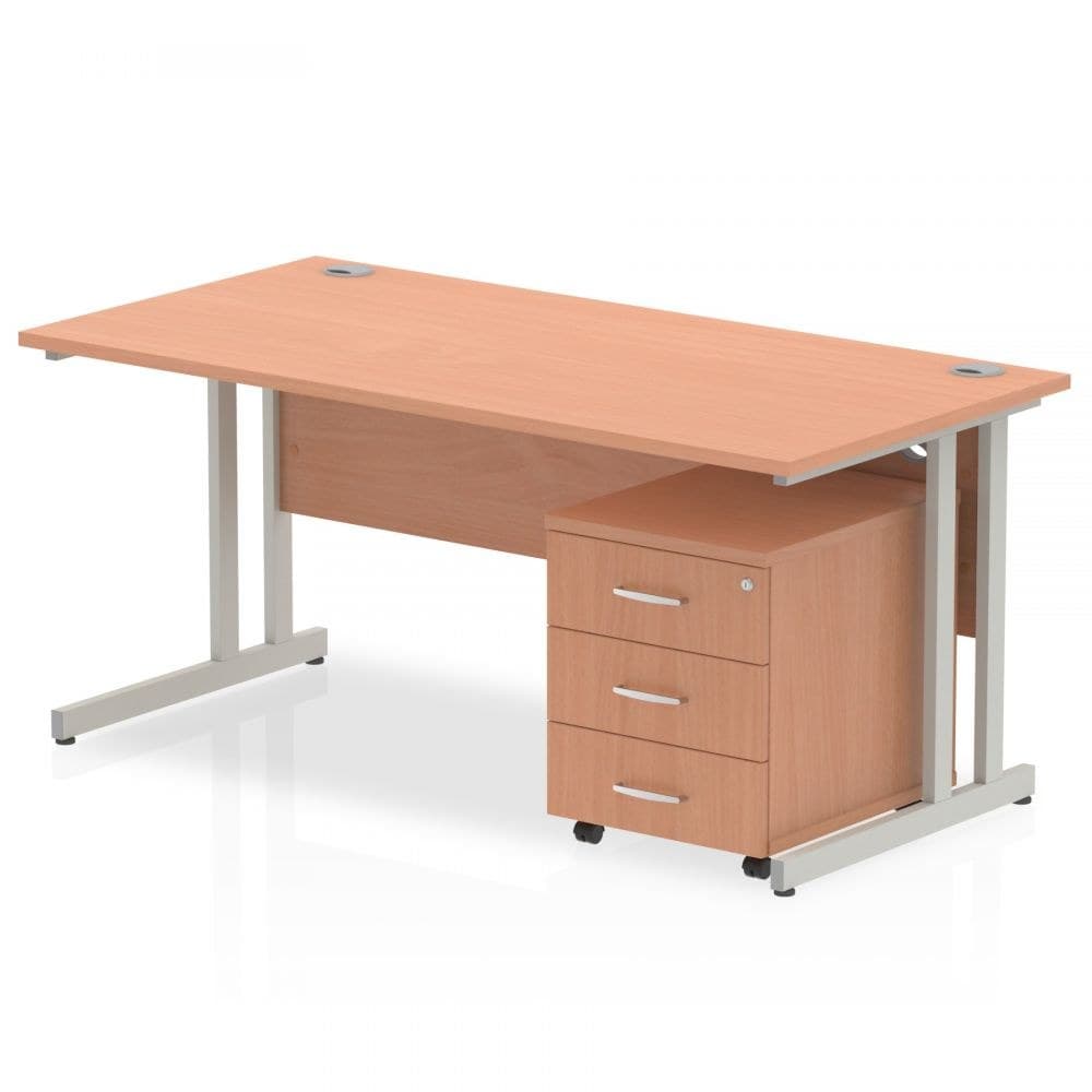 Dynamic Impulse Straight Desk Beech Top Silver Cantilever Leg with 3 Drawer Mobile Pedestal - 1600 x 800mm
