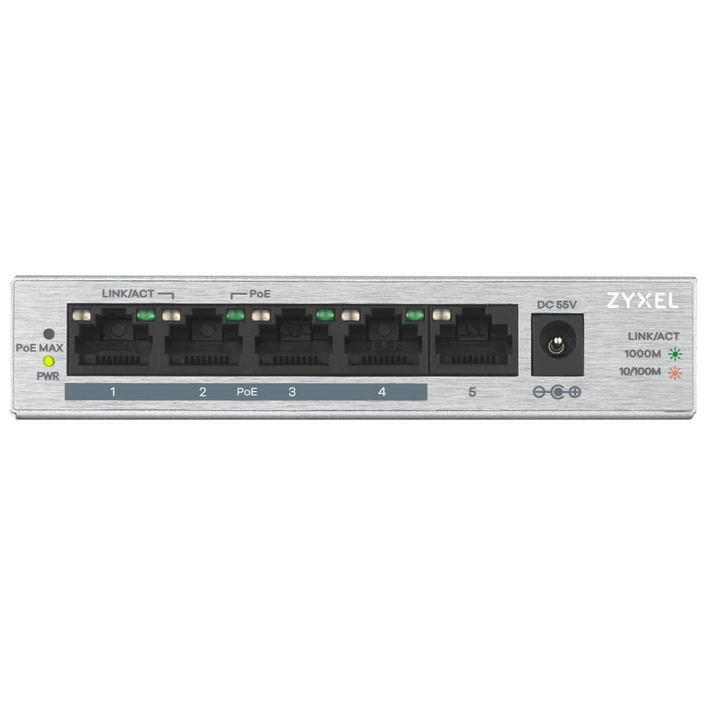 Zyxel GS1005HP 5-Port Gigabit Unmanaged PoE+ Desktop Switch, 60W PoE Budget (GS1005HP-GB0101F)