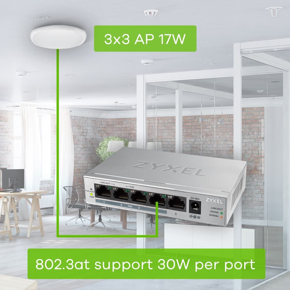 Zyxel GS1005HP 5-Port Gigabit Unmanaged PoE+ Desktop Switch, 60W PoE Budget (GS1005HP-GB0101F) - Image 3