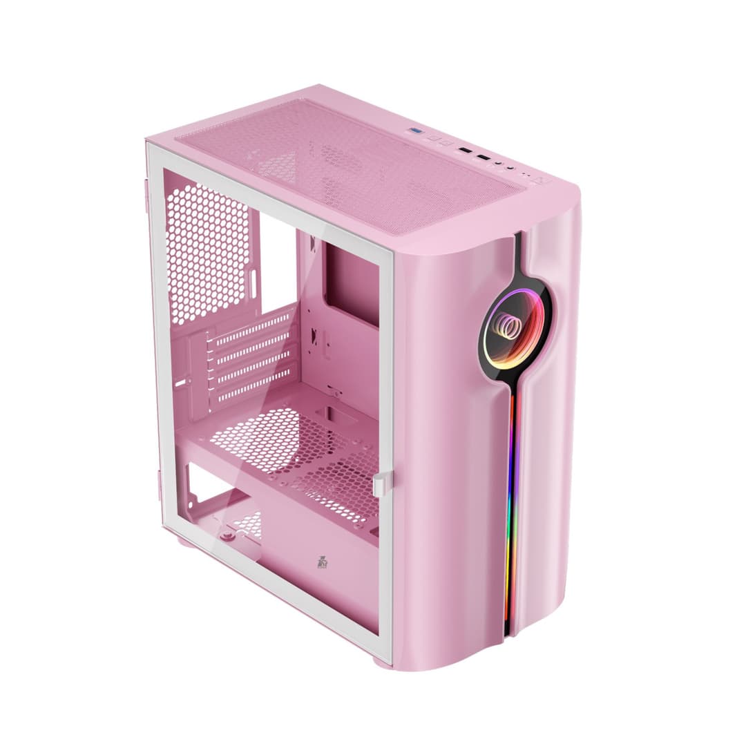 1st Player IS3-BK ARGB Tempered Glass Mid Tower Gaming Case - Pink - Image 8