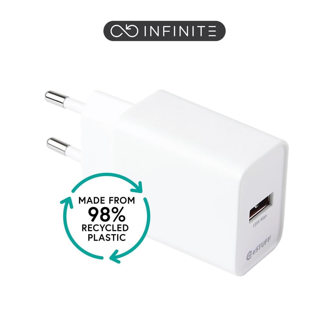 eSTUFF INFINITE (GRS) 18W USB-A Wall Charger, Quick Charge 3.0, EU Plug, 98% Recycled Plastic - White - Bulk Packaging - Image 1