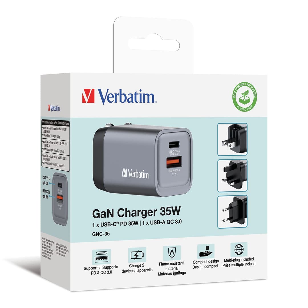 Verbatim GNC-35 GaN Charger 35W with 1 x USB-C PD 35W / 1 x USB-A QC 3.0 (EU/UK/US) - Image 2