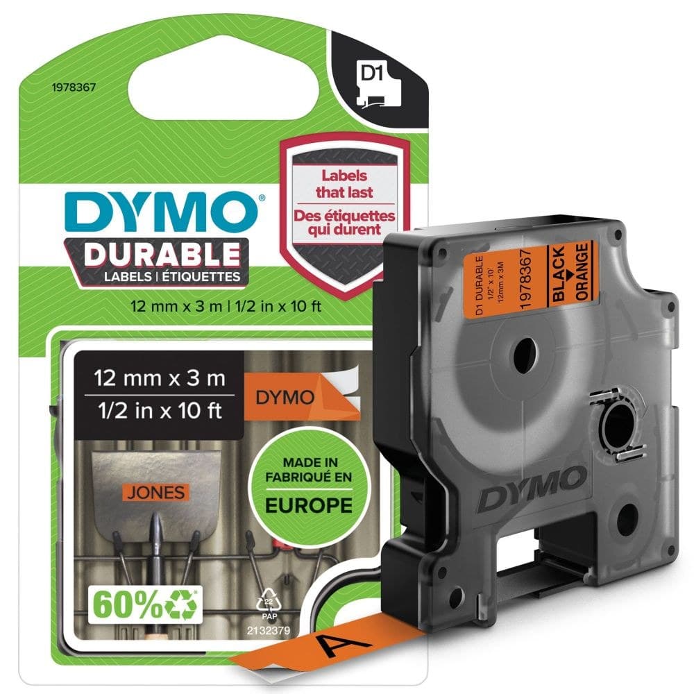 Dymo D1 Durable Label Tape 12mm x 3m - Black on Orange - Image 1