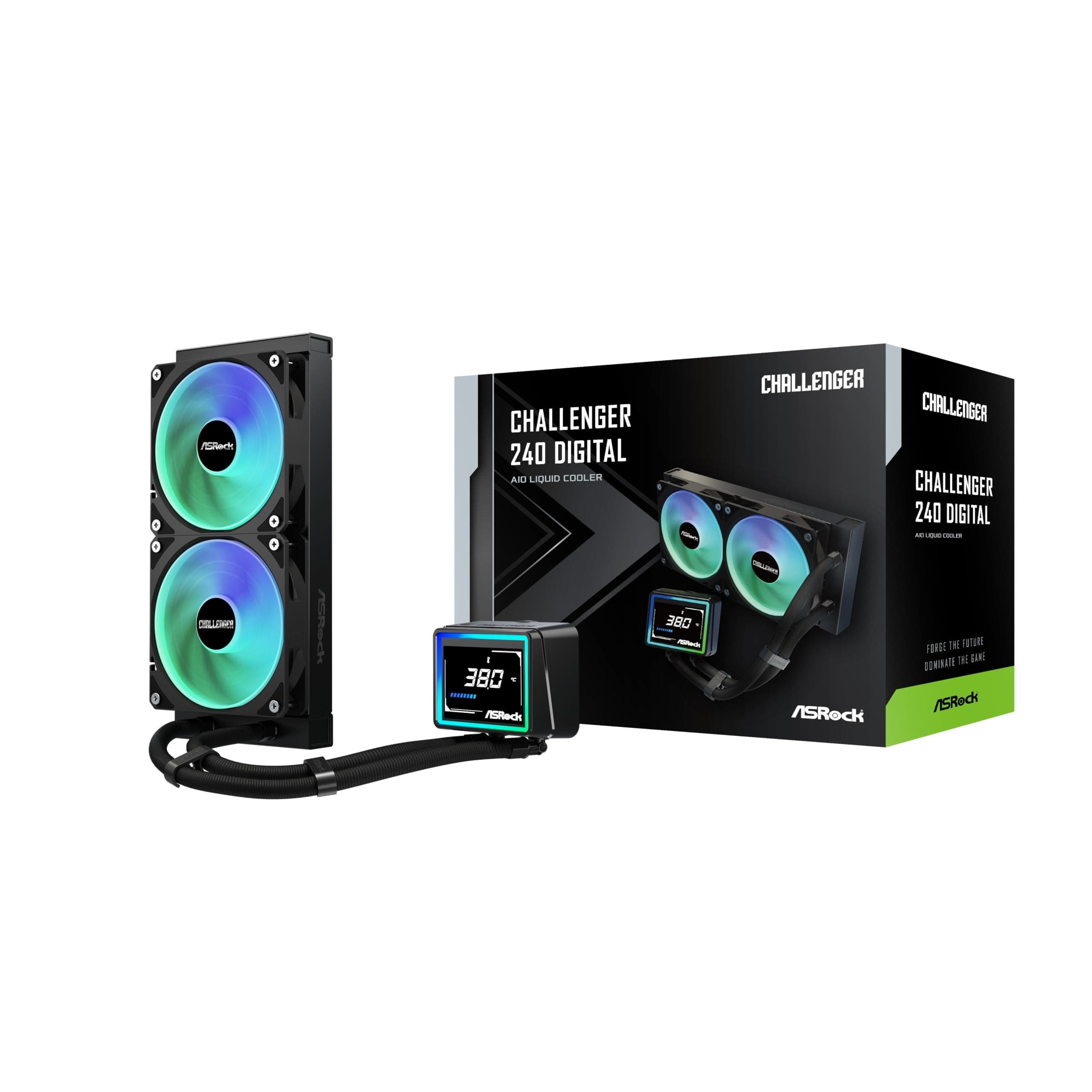 ASRock Challenger 240 Digital AIO Liquid CPU Cooler, 240mm Radiator, 3" Digital Display, ARGB - Black