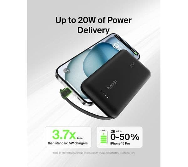 Belkin BoostCharge 20W 10000 mAh Power Bank with Integrated USB-C Cable Black - Image 5