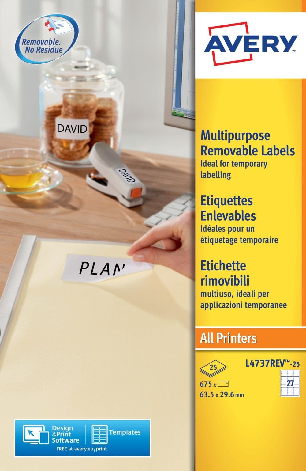 Avery L4737REV-25 63.5 x 29.6mm Multipurpose Removable Labels 25 Sheets - 27 Labels per Sheet (675 Labels)