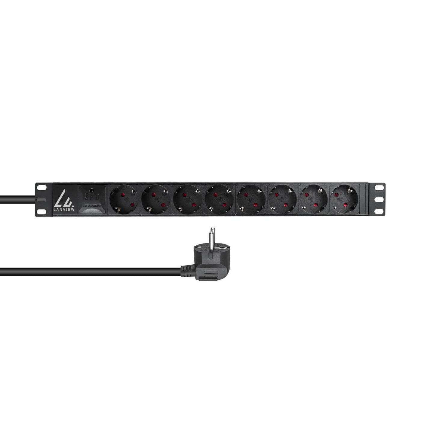 Lanview LVR-3MSCH-SPD-SCH8 19" 1U Rack Mount Power Strip, 8 x Schuko (Type F) Sockets, Surge Protection, 16A, 3m Cable with Schuko Plug