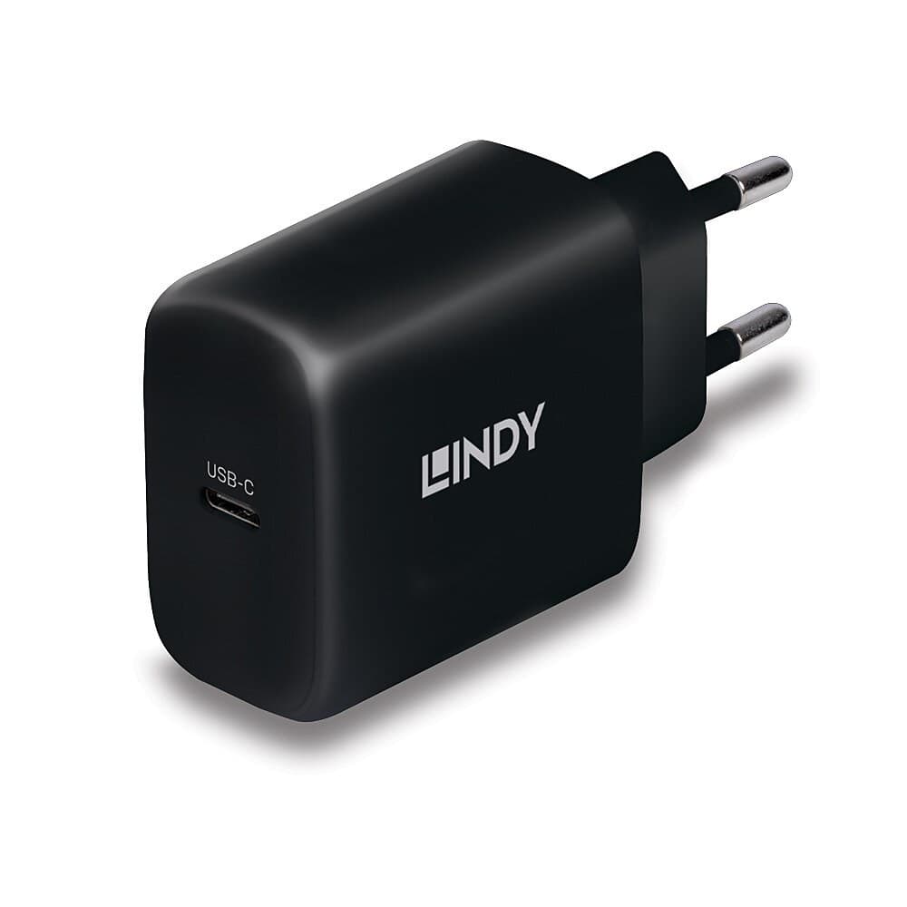 Lindy 65W USB-C GaN Charger, PD 3.0 / PPS, Single Port, EU 2-Pin Plug, Black (73426) - Image 1