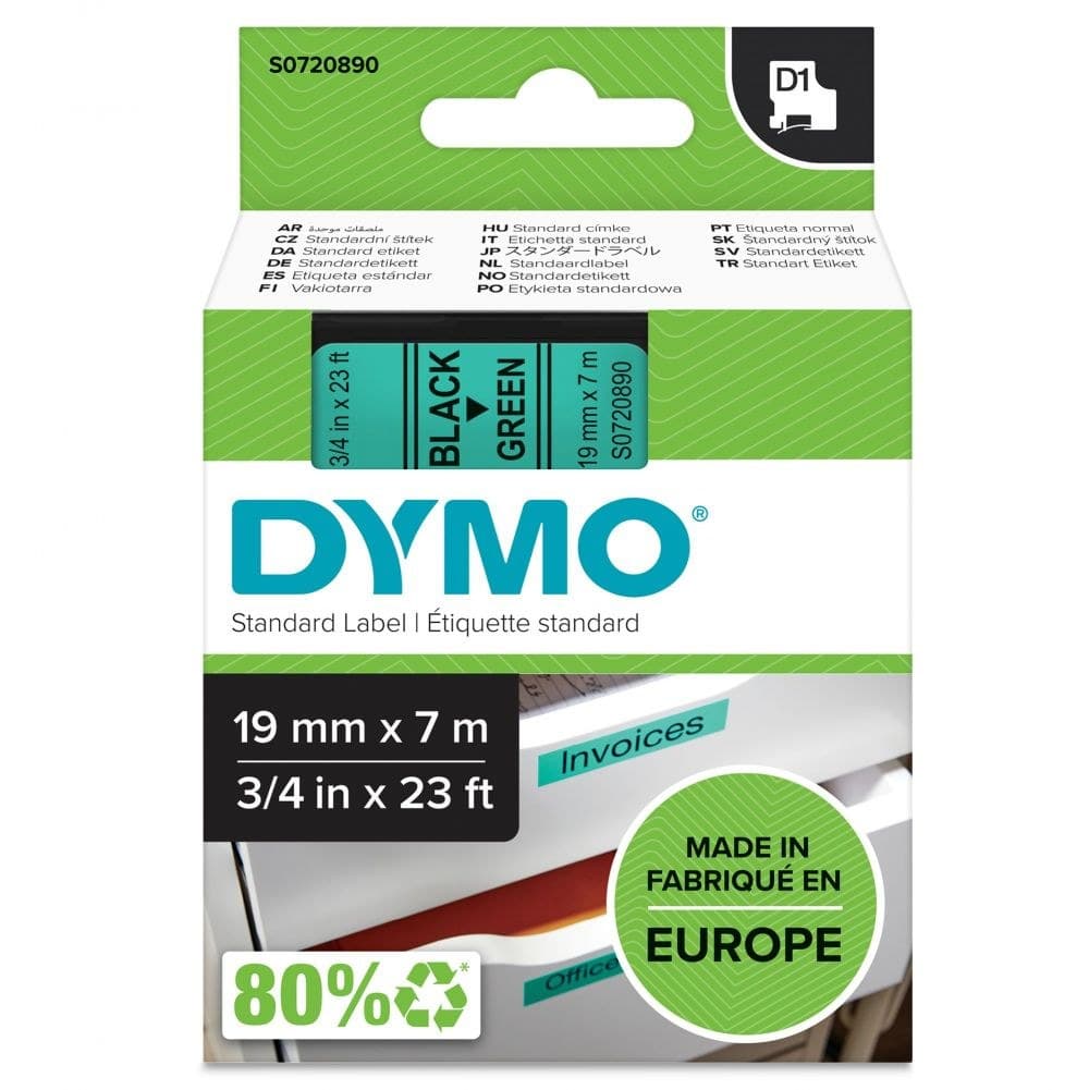 Dymo D1 Label Tape 19mm x 7m - Black on Green - Image 1