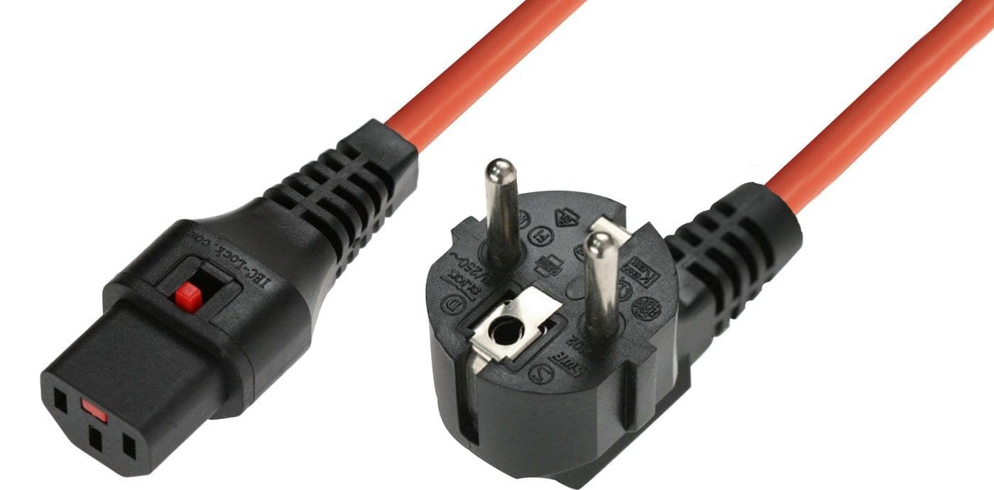 Microconnect Power Cord Schuko CEE 7/7 Angled to C13 IEC Lock - 3m Orange