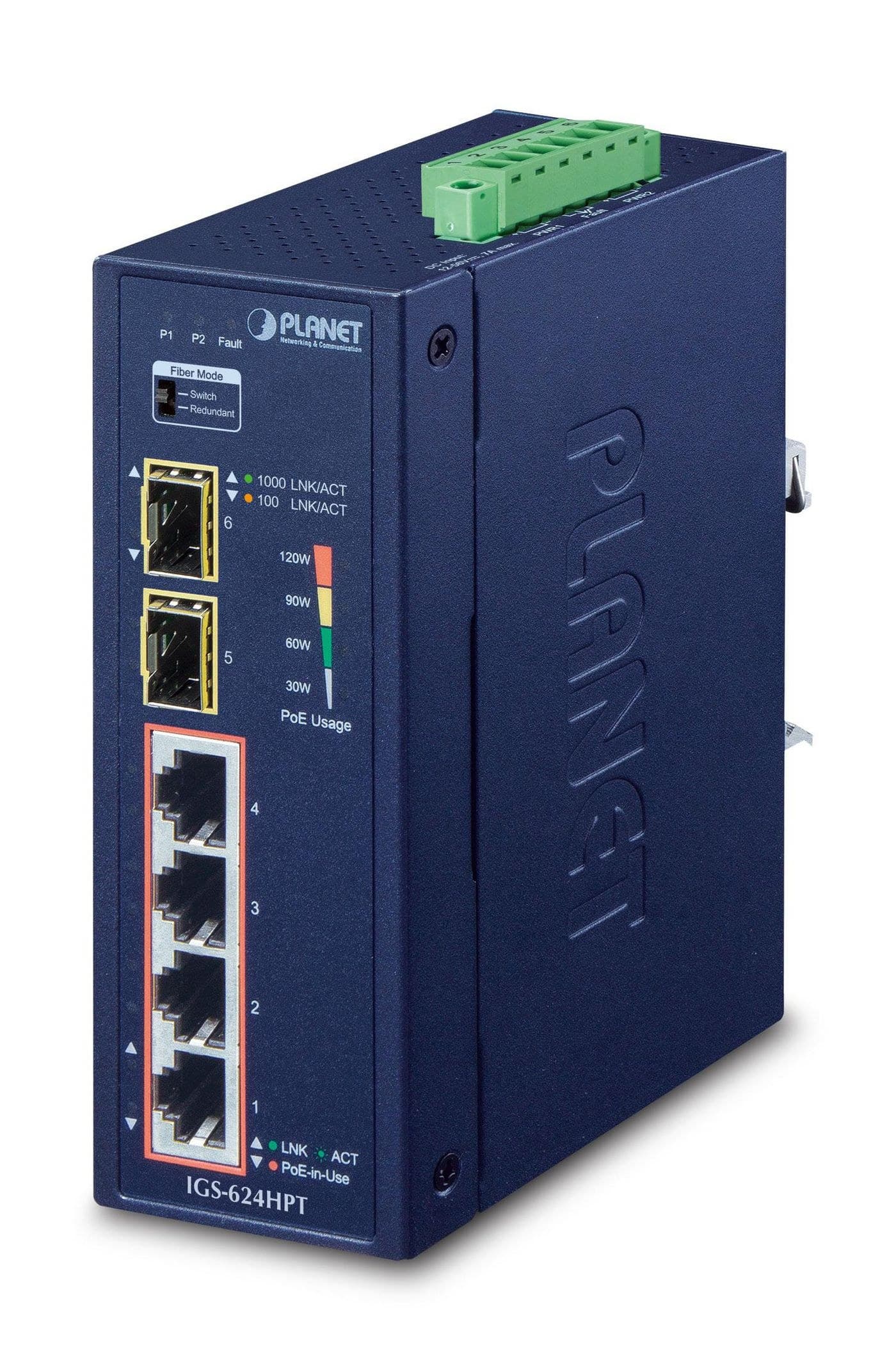 PLANET IGS-624HPT Industrial 4-Port Gigabit PoE+ Switch with 2 SFP Slots (IP30, -40 to 75°C)
