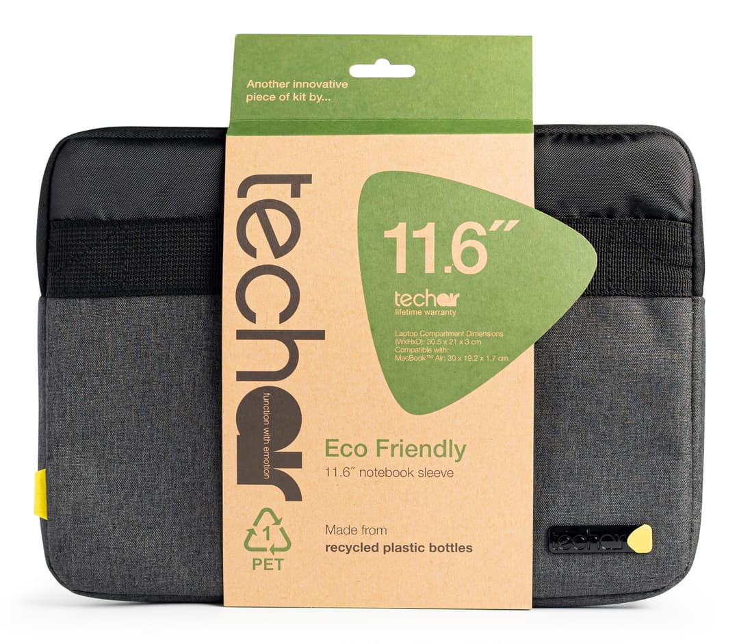 Techair TAECV007 Meet the TAECV007, offering sustainable style for 11.6" laptops, Chromebooks and the 13" MacBook Neo. Made from recycled bottles, this Eco sleeve combines eco-friendly design with lifetime durability. - Image 1