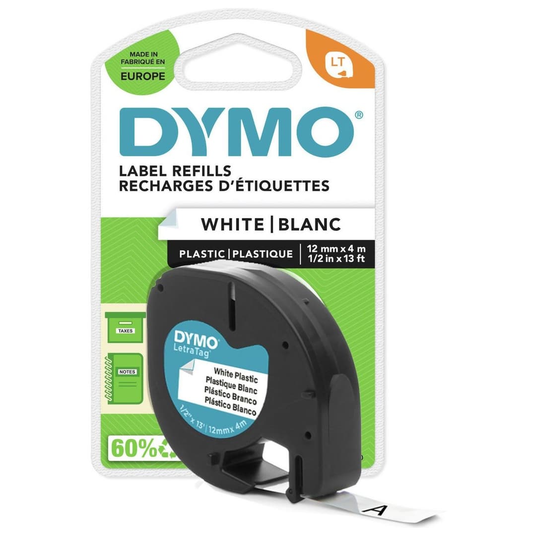 DYMO LetraTag Plastic Labels 12mm x 4m - Black on White - Image 1