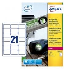 Avery L7060-20 Resistant Labels 63.5 x 38.1 mm White Laser A4 - 20 Sheets, 21 Labels per Sheet (420 Labels)
