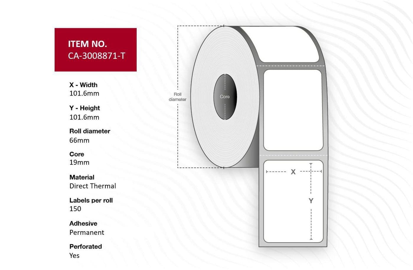 Capture CA-3008871-T Direct Thermal Labels 101.6 x 101.6mm, White, Uncoated, Permanent Adhesive, 19mm Core, Perforated, Black Mark, 150 Labels/Roll, 16 Rolls per Box