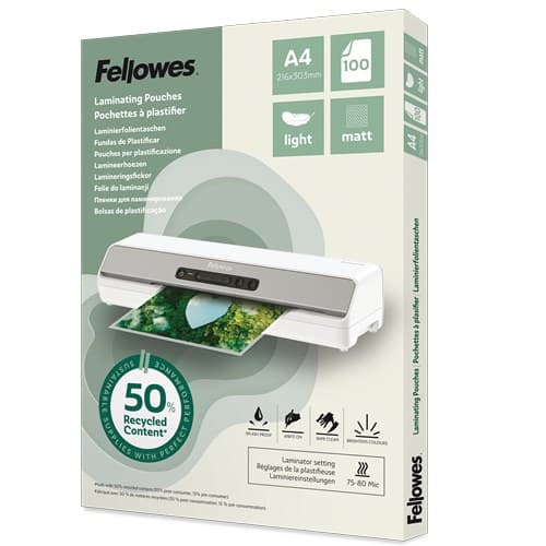 Fellowes Recycled Laminating Pouches 80 Micron (Pack of 100) - A4 Matt - Image 1