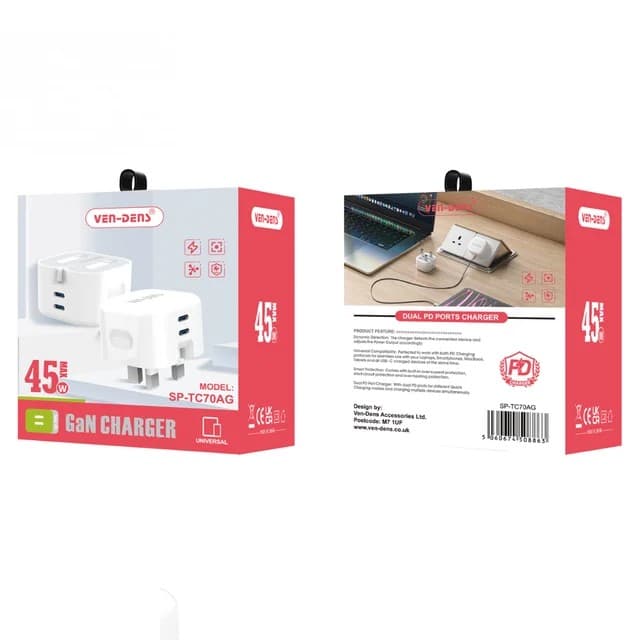 Ven-Dens 45W GaN Dual Port Charger Plug, Smart, Fast & Universal Charging, SP-TC70AG - White - Image 2
