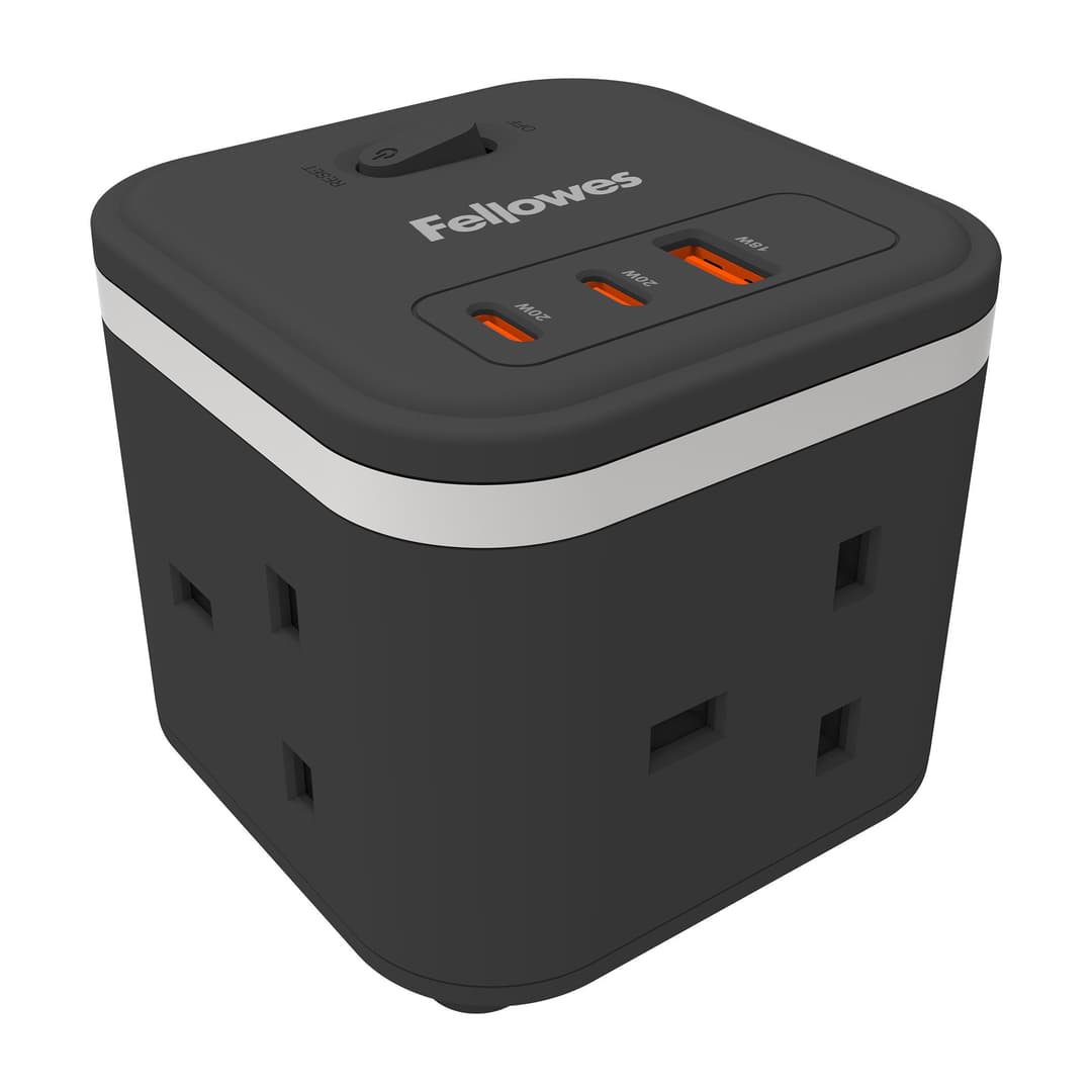 Fellowes Power Cube 3 Socket Extension Lead with USB-A and USB-C Ports 2m - Black - Image 1