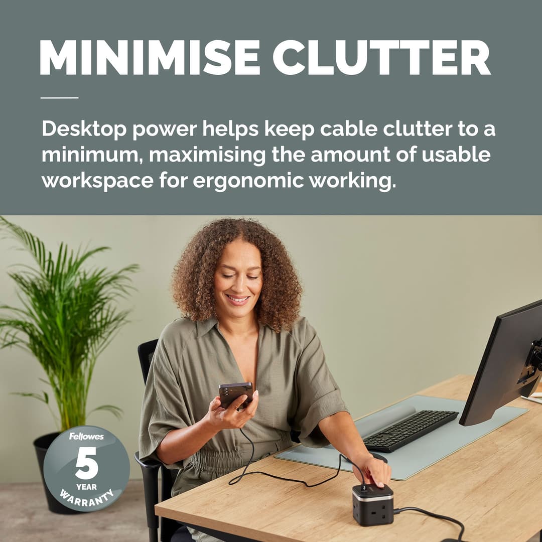 Fellowes Power Cube 3 Socket Extension Lead with USB-A and USB-C Ports 2m - Black - Image 2