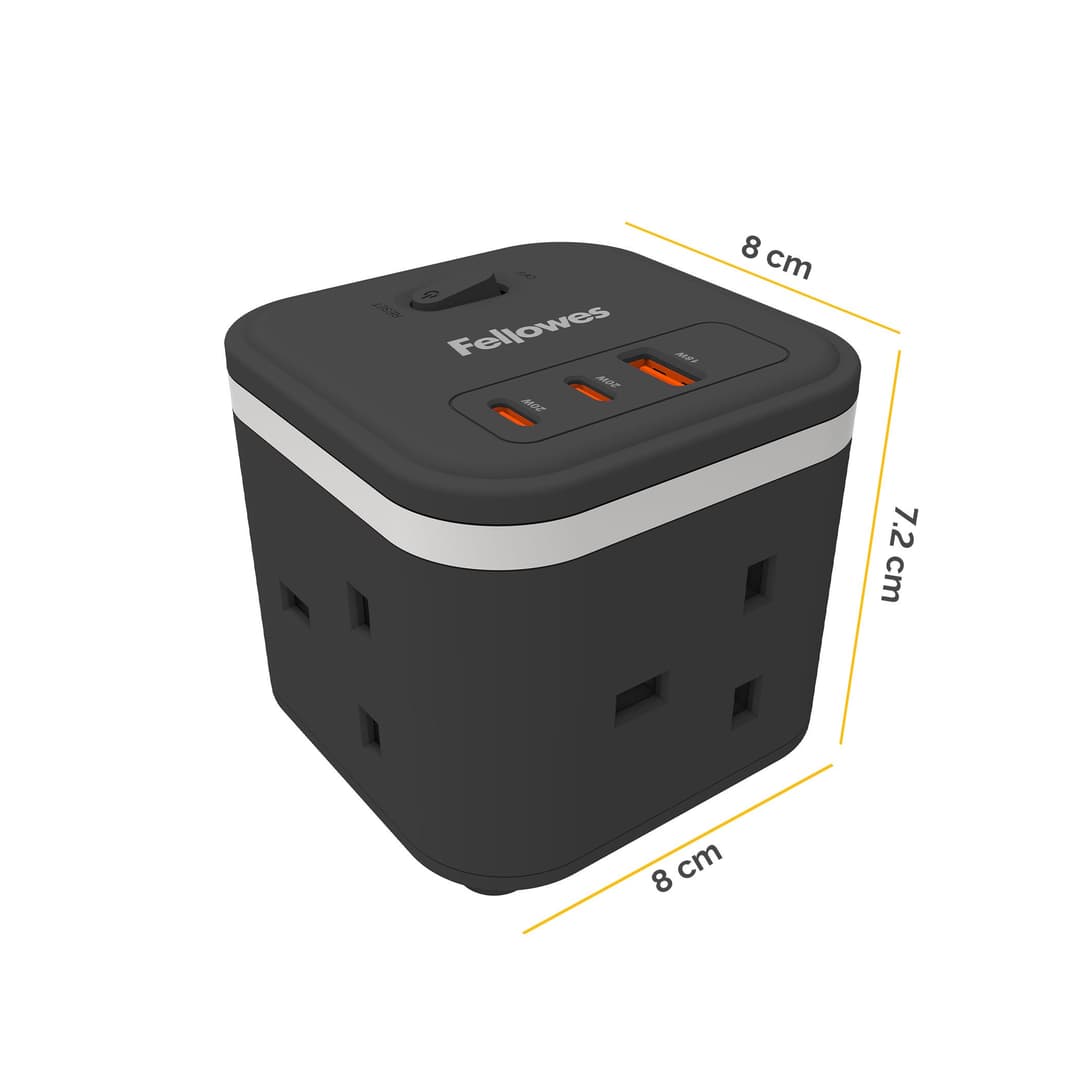 Fellowes Power Cube 3 Socket Extension Lead with USB-A and USB-C Ports 2m - Black - Image 3
