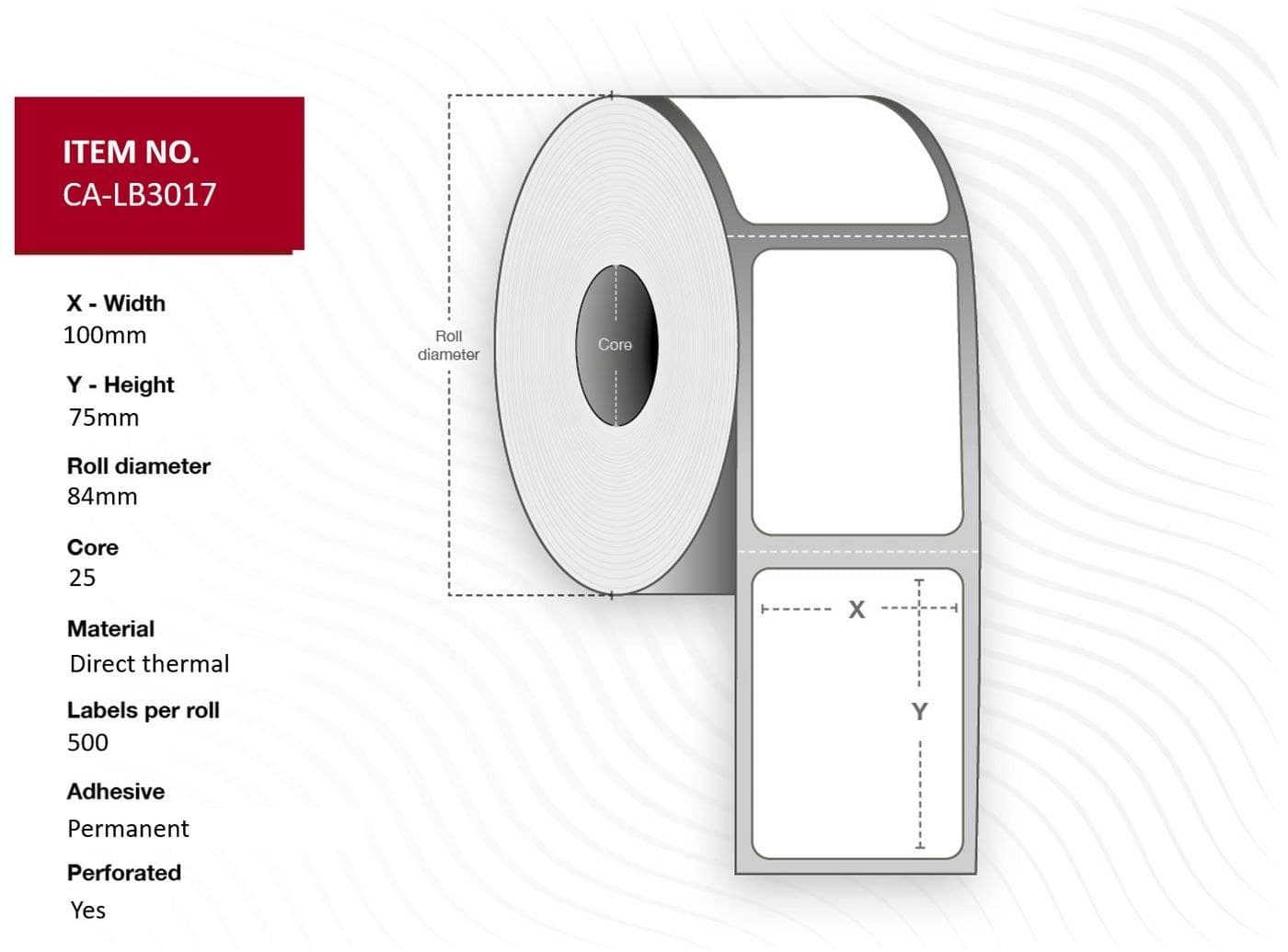 Capture CA-LB3017 Direct Thermal Label Roll 100 x 75mm, 25mm Core, Uncoated, Permanent, 500 Labels per Roll, 12 Rolls per Box