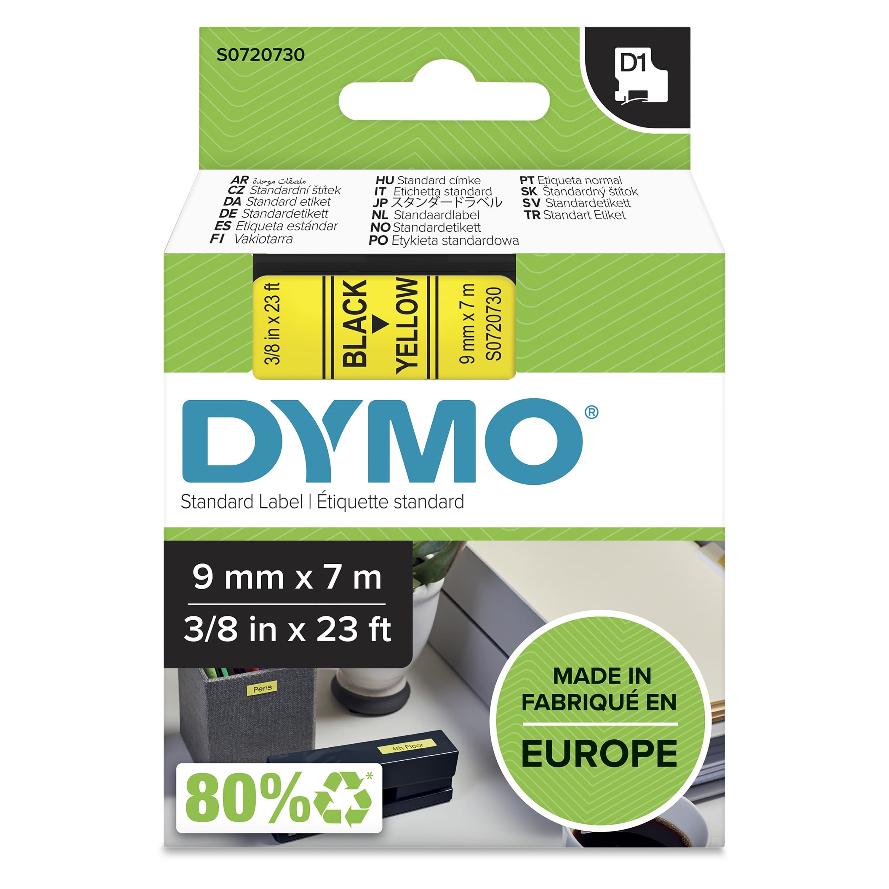 DYMO Authentic D1 Standard Label Tape 9mm x 7m - Black on Yellow