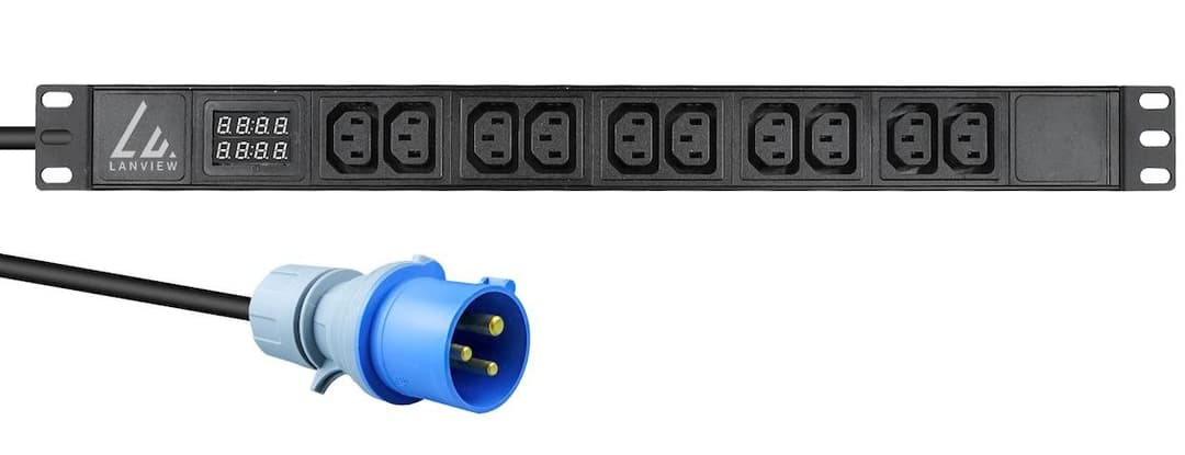 Lanview 19-inch Rack Mount Power Strip with Amp Meter, 3 m Cord and IEC 60309 16A Plug - Image 1