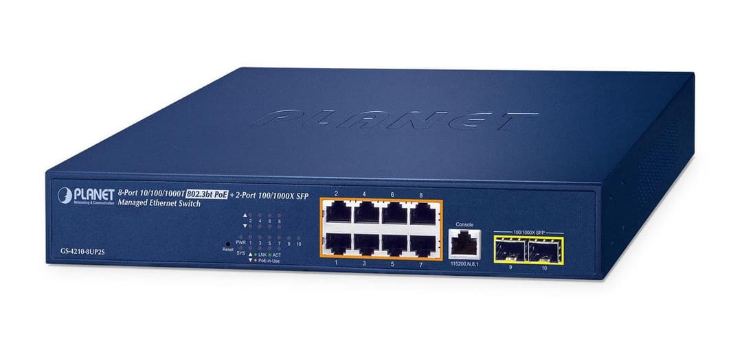 PLANET GS-4210-8UP2S IPv6/IPv4, 8-Port 10/100/1000T 802.3bt 95W PoE + 2-Port 100/1000X SFP Managed Ethernet Switch - Image 1