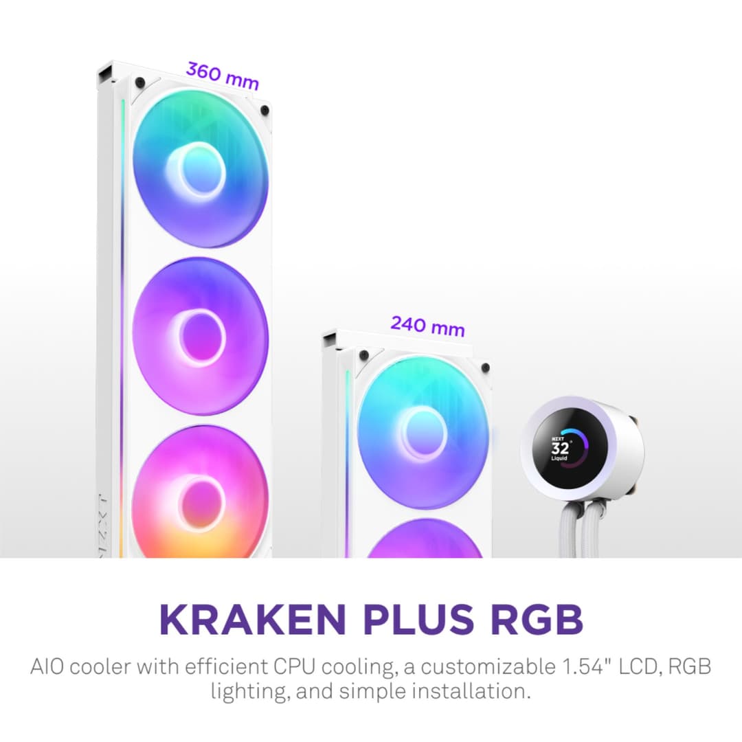 NZXT Kraken Plus 360mm ARGB  Intel/AMD AIO CPU Liquid Cooler w/ 1.54" LCD - White - Image 4