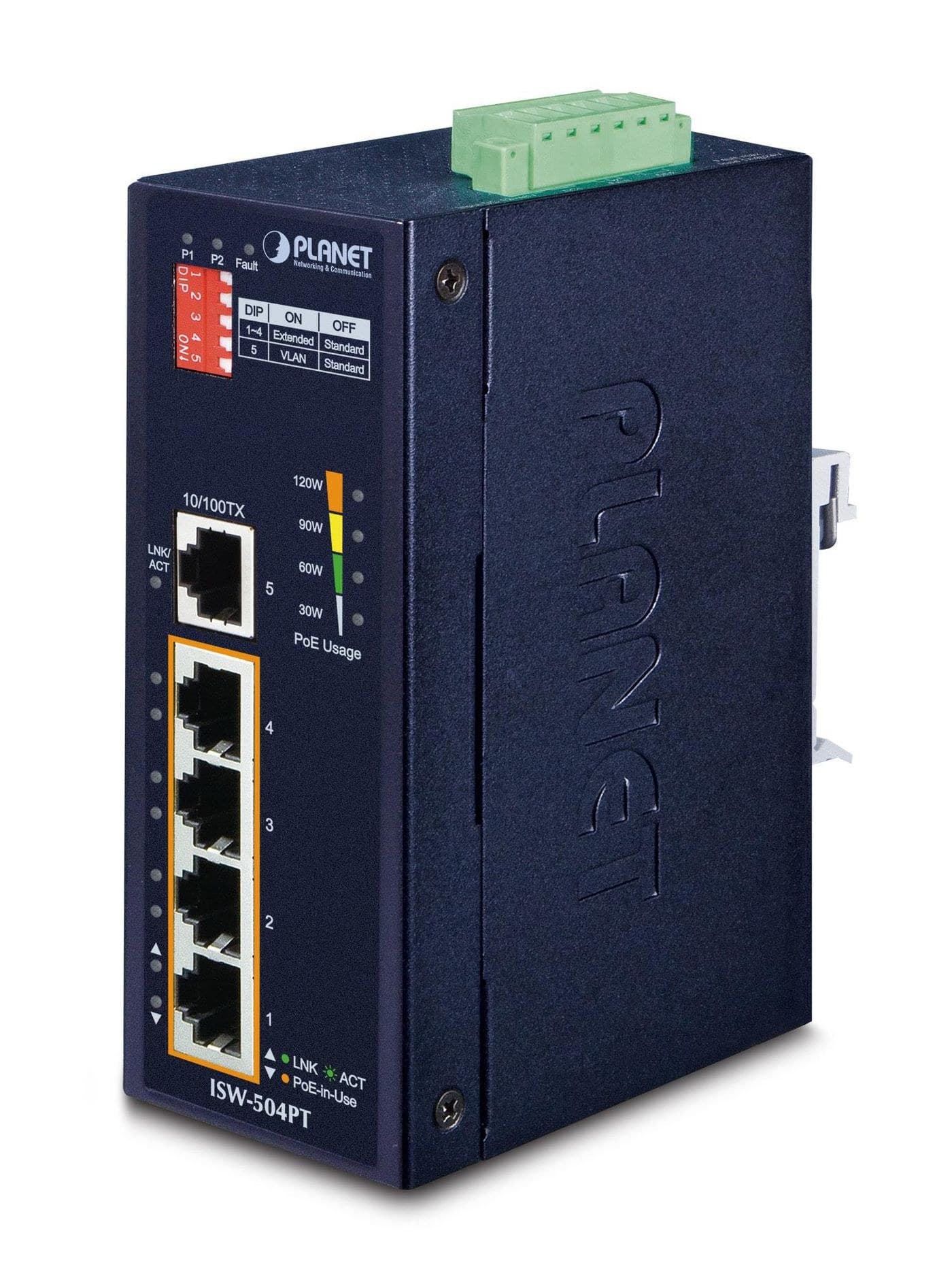 PLANET ISW-504PT Industrial 5-Port 10/100TX Ethernet Switch with 4-Port 802.3at PoE+ (IP30, -40 to 75°C)