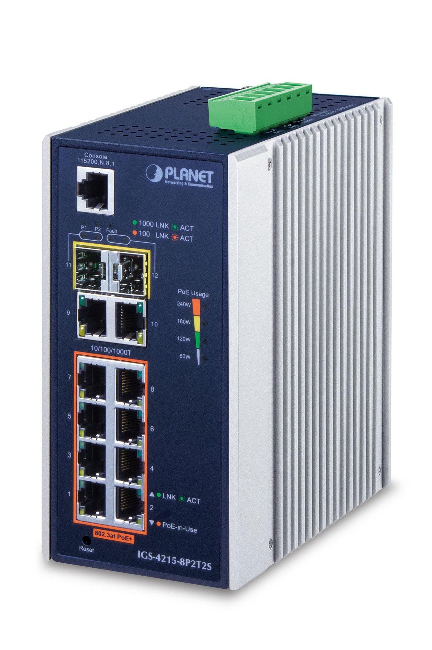 PLANET IGS-4215-8P2T2S Industrial L2/L4 8-Port Gigabit PoE+ Managed Switch with 2 × 1000T and 2 × SFP (IP30, -40 to 75°C)