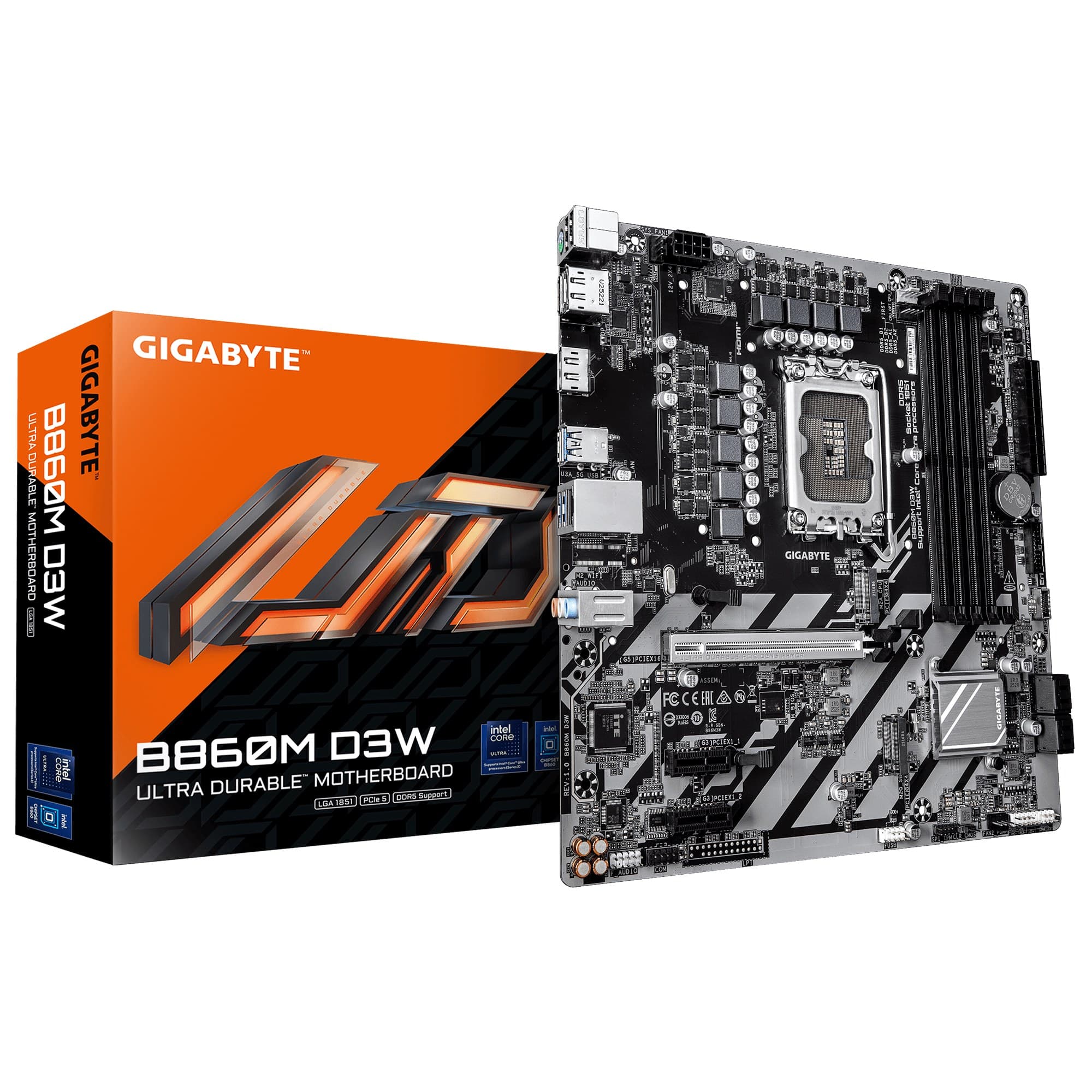 GIGABYTE B860M D3W Micro-ATX Motherboard - LGA1851 Socket, Intel Core Ultra Series CPUs, 4+1+2 Phases VRM, up to 9066MHz DDR5, 2xPCIe 4.0 M.2, 1GbE LAN, USB 3.2 Gen 1
