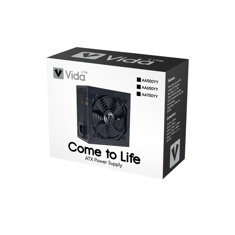 VIDA Lite 500W ATX Power Supply - 120mm Fan, Passive PFC, 24-pin - Black - Image 2
