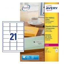 Avery L7560-25 Clear Laser Address Labels 63.5 x 38.1mm 25 sheets - 21 Labels per Sheet (525 Labels)
