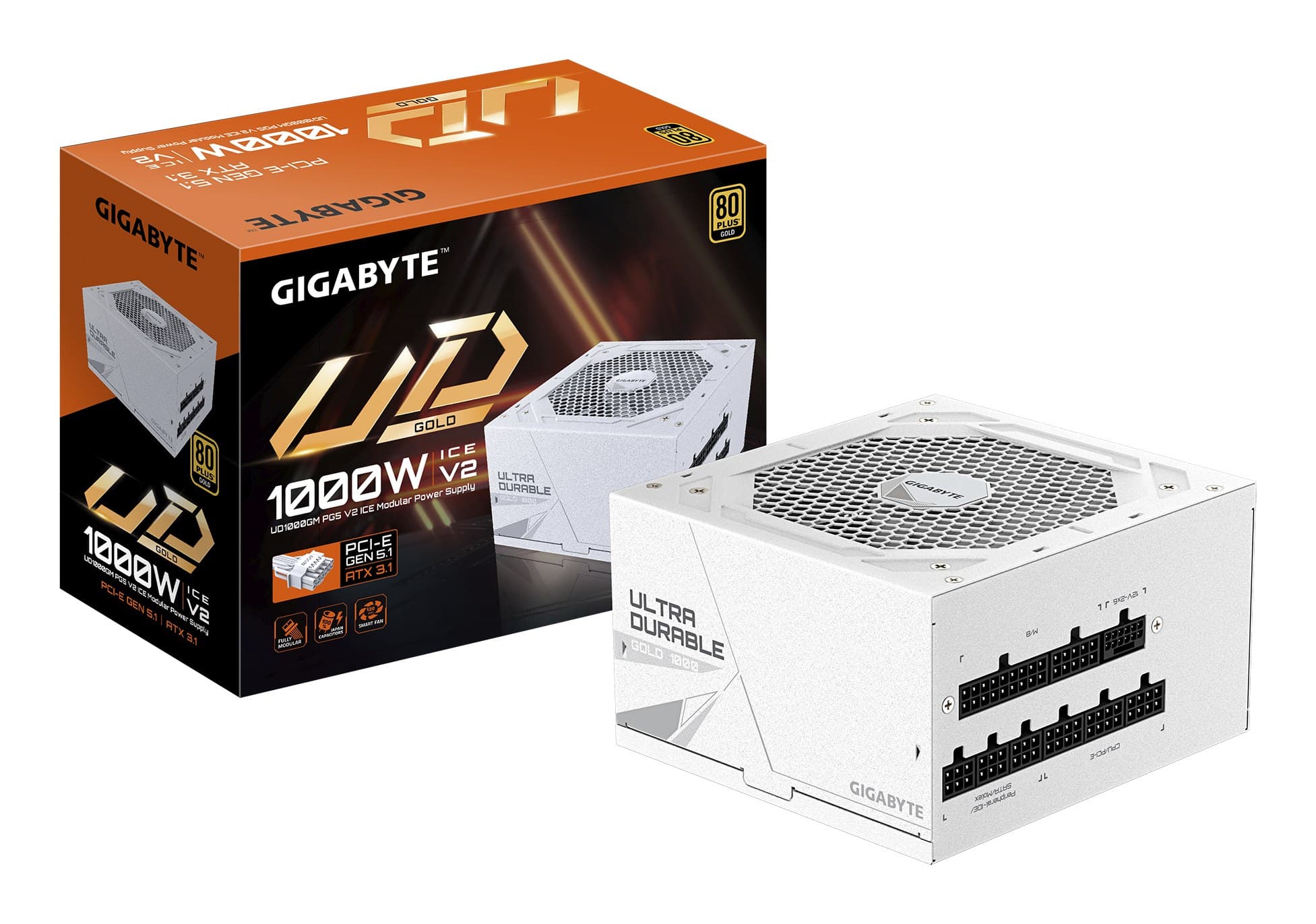 GIGABYTE UD1000GM PG5 V2 ICE Power Supply Unit- PCIe Gen 5.1, 80 PLUS Gold, Fully Modular Design, 120mm Fan, ATX 3.1 compatible, UK Plug