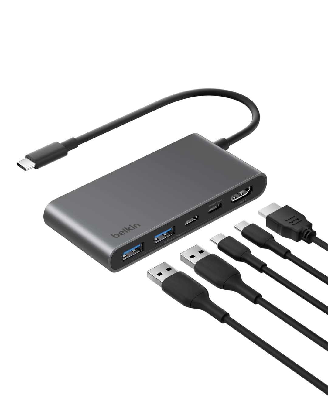 Belkin USB C Hub, 5-Port Hub w/ 4K HDMI Display @ 60Hz, 100W Power Delivery, Fast Data Transfer 5Gbps, USB C Multiport Adapter for MacBook, iPad Pro, Chromebook, & More - Upgraded HDMI 2.0 - Grey - Image 1