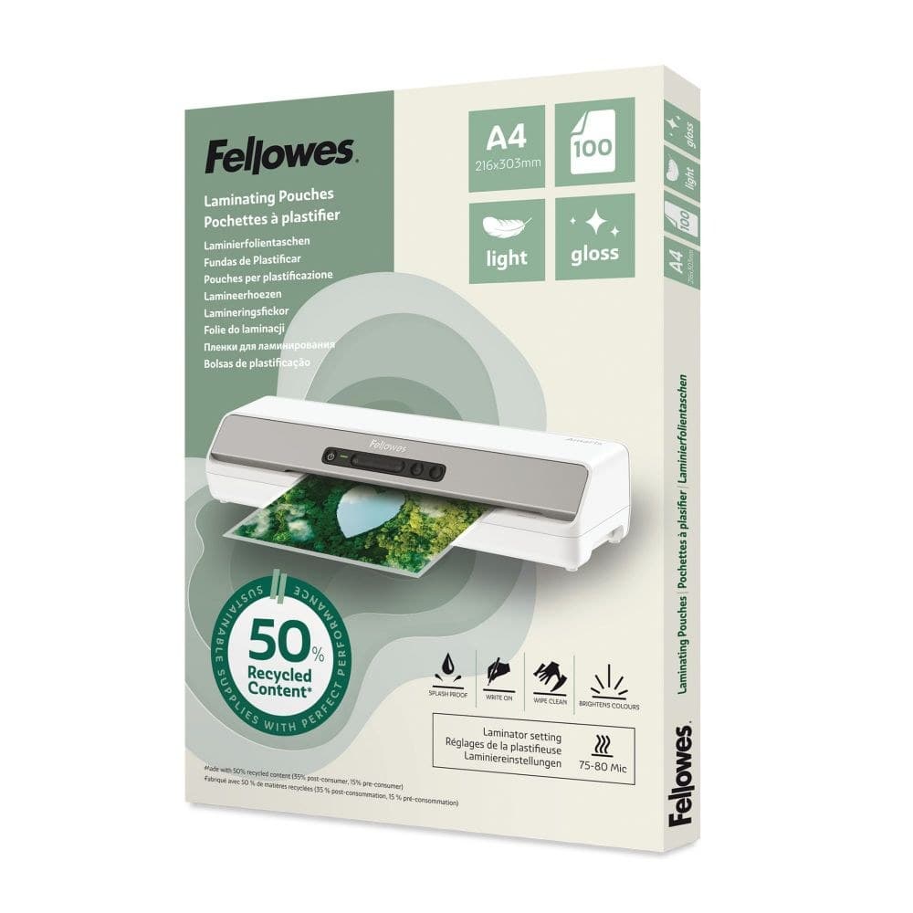 Fellowes Recycled Laminating Pouches 80 Micron (Pack of 100) - A4 Gloss